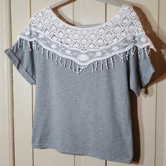 Lace Collar gray comfy short-sleeve Tee shirt HS S - Picture 5 of 7